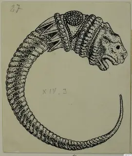 Pen drawing of a gold ornament curled into a ring, with an animal-like head and a ribbed body.