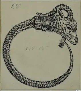 Pen drawing of a gold hoop ring ending in an animal head with a curled horn