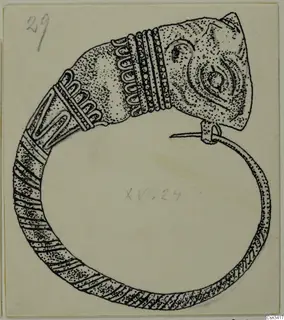 Ink drawing of a hoop-shaped piece of jewellery with a head-shaped terminal, ridged bands and looped wire ornament