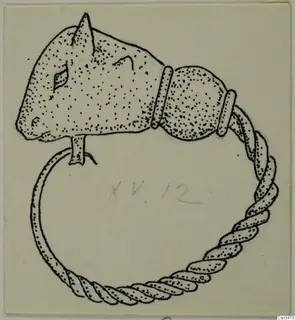 Ink drawing of a twisted-wire ring ending in a head with pointed ears and a collar of two bands
