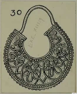 Ink drawing of a crescent-shaped pendant with a loop at the top and a beaded border