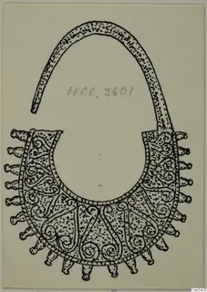 Ink drawing of a crescent-shaped pendant with a curved loop at the top and spiral ornament below