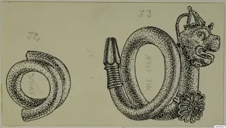 Field drawing of two gold rings, one with an animal-headed terminal and a rosette ornament at the end