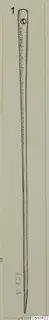 Drawing of a long, slender pin with a small hole at its rounded top end, tapering to a point