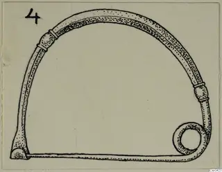 Field drawing of a curved object with a spiral end and two collar bands