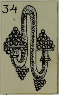 Ink drawing of a gold earring with a looped wire and two clusters of granules at its ends