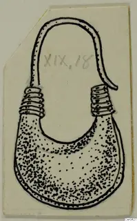 Drawing of a gold pendant with a hooked upper end and two coiled bands at the junction