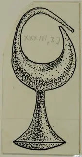 Drawing of a small object with a looped top, narrow stem and flared foot, stippled in ink.