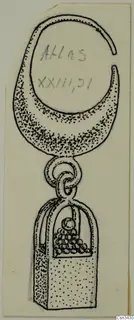 Drawing of a jewellery pendant: a crescent-shaped loop linked by a small ring to a box-shaped drop filled with granules.