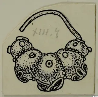 Drawing of a gold jewellery piece: a curved wire arc above a cluster of domed, dotted bosses with bead rows and spiral loops.