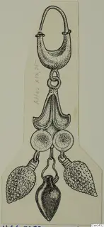 Ink drawing of a gold jewellery piece with a loop at the top and three hanging pendants