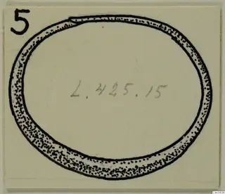 Drawing of a ring with dotted shading on a cream card, with a number label in the top left corner