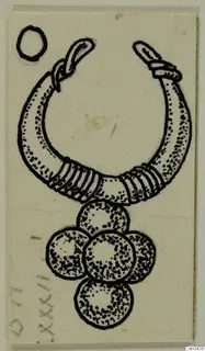 Ink drawing of a gold hoop ornament with coiled bands and five round pendant discs hanging below