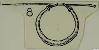 Drawing of a hoop ring and a long pin threaded through it, on a cut card with number labels