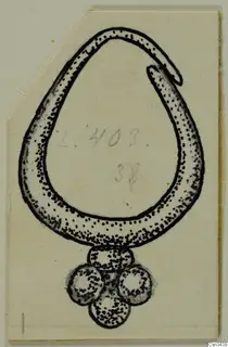 Ink drawing of a loop-shaped ring with a cluster of four round pendants hanging below it