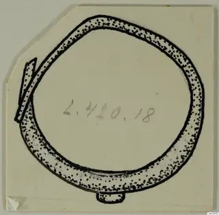 Field drawing of a ring with one end overlapping the other and a small tab projecting from its underside