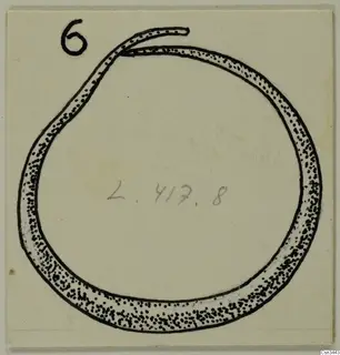Drawing of a gold ring, a stippled hoop with one end overlapping the top