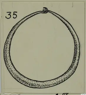 Drawing of a ring with a thick band, one end hooked over the other at the top