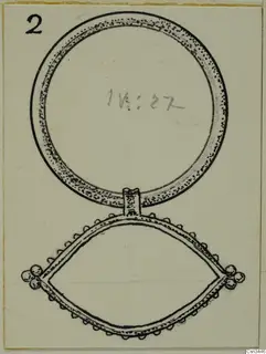 Drawing of a gold ring joined to a lens-shaped pendant with knobbed edges