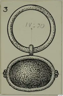Field drawing of a gold ring joined to an oval pendant below it