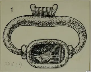 Ink drawing of a gold ring with a large engraved oval bezel and a ribbed mount at the top