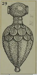 Drawing of a gold pendant with a domed cap, overlapping leaf-like scales on the upper body and a beaded lower body.