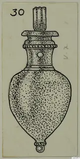 Pen drawing of a small gold flask-shaped pendant with a stopper-like top and a loop at the base