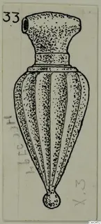 Drawing of a single ribbed, bottle-shaped pendant with a suspension hole at the top, numbered 33.