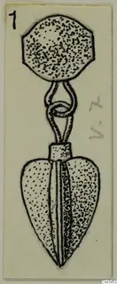 Ink drawing of a pendant with a disc-shaped top, a loop, and a leaf-shaped lower part with a central ridge.