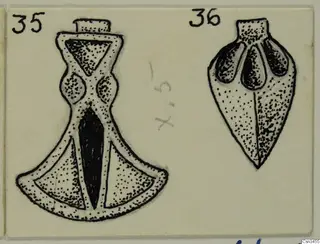 Drawing of two pendants, one bell-shaped with a fan-shaped base and one pointed, each with a number label.