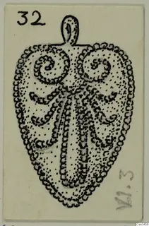 Field drawing of a gold pendant with a loop at the top, decorated with spirals and dotted patterns