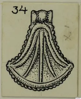 Drawing of a fan-shaped pendant with a short loop at the top and a scalloped edge, on a cream card