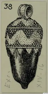 Ink drawing of a pendant with a loop at the top, dotted zigzag bands and a cross-hatched lower body