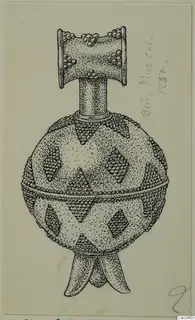 Ink drawing of a gold pendant with a round body, granulated diamond-shaped patterns and a flared top