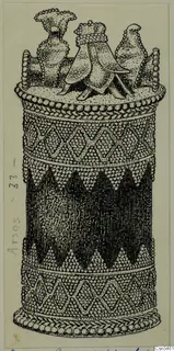 Ink drawing of a cylindrical lidded object from Arsos, with three figure-like knobs on the lid and bands of patterned decoration