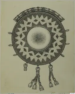 Ink drawing of a round gold pendant with a star pattern and hanging tassels