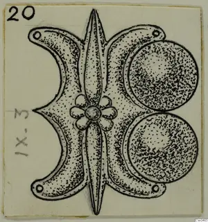 Ink drawing of a gold ornament with a central rosette, two crescent-shaped side pieces and two round discs