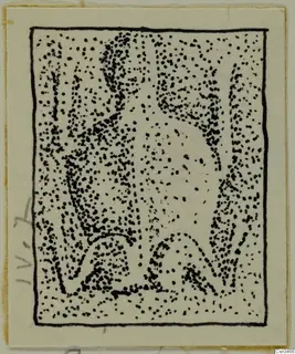 Stippled ink drawing of a find inside a black rectangular border, mounted on a cream card