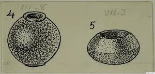 Field drawing of two stippled round vessels with wide mouths, each marked with a number label, on a card.