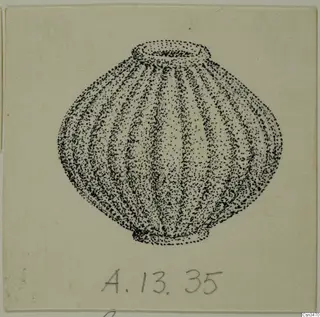Stippled ink drawing of a round, ribbed vessel with a short flat rim, on a cream card