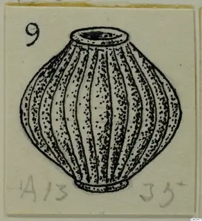 Drawing of a ribbed, globular vessel with a short wide neck and a ring foot, with a number label