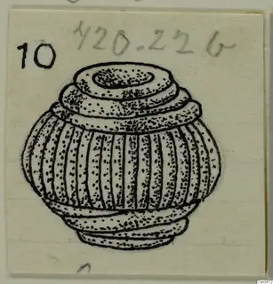 Field drawing of a ribbed bead from the Lapithos Kastros tombs, shown in ink line on a card