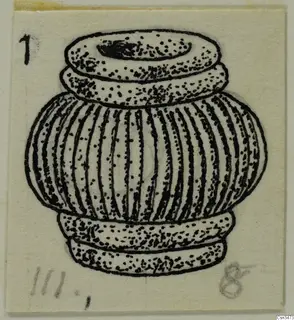 Ink drawing of a small ribbed object with wide collars at top and bottom