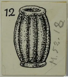 Ink drawing of a barrel-shaped bead with vertical ribs, a wide flat rim at the top and a narrower base.