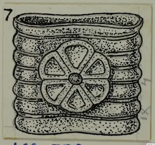 Ink drawing of a ridged, barrel-shaped object with a six-spoked rosette on its side.