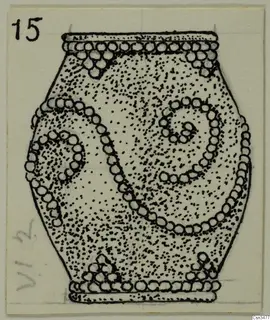 Ink drawing of a squat, barrel-shaped vessel with stippled body and rows of small circles in spiral and arc patterns