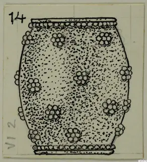 Ink drawing of a barrel-shaped vessel with a dotted surface and clusters of small circles