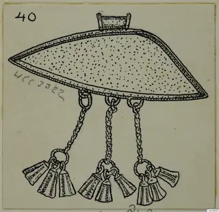 Ink drawing of a boat-shaped pendant with three twisted chains and tassel-like drops hanging from its lower edge