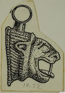 Drawing of a gold pendant with a round suspension loop and a projecting head-like end