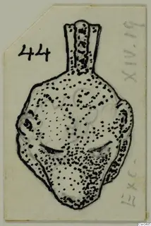 Ink and pencil drawing of a small object with a tall narrow neck and side loops, with a number label